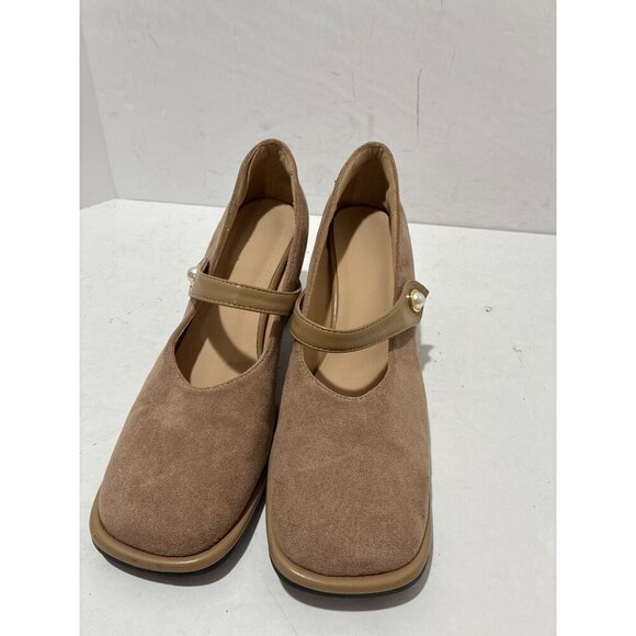 suedette faux suede Shoes Womens cream pearl Mary jane cube heel size 40 - Picture 2 of 6